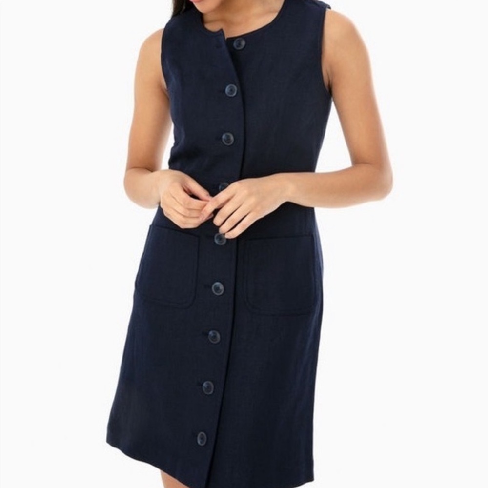 Tory Burch 100% Linen Navy Blue Button Front Sleeveless Shift Dress size 4